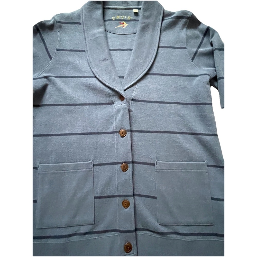 Orvis Women's Size L Button Front Striped Cardigan Sweater 100% Cotton Blue EUC